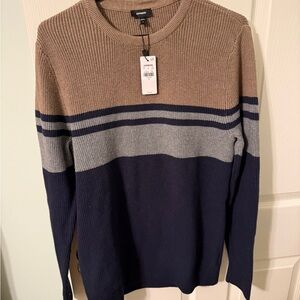 Color block, striped Crewneck Sweater - Tan, Gray, and Blue